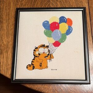 Vintage Garfield with Balloons Completed Cross Stitch Custom Framed